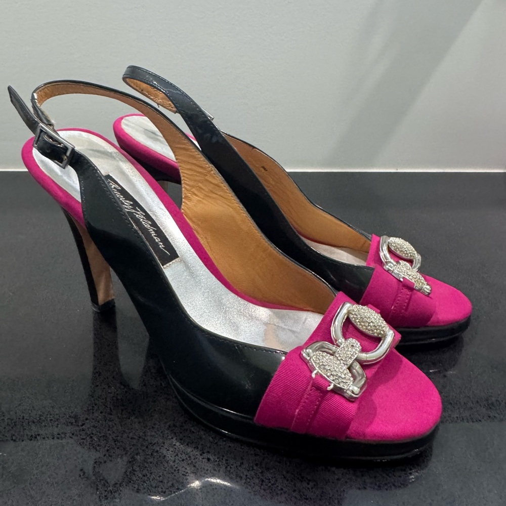Beverly Feldman black and fuschia peep toe Slingback heels